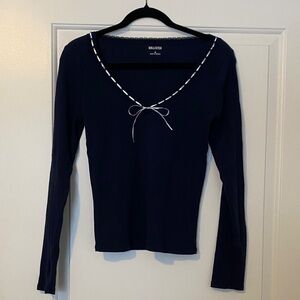 Hollister Women's Navy Long Sleeve Top with Ribbon Detail